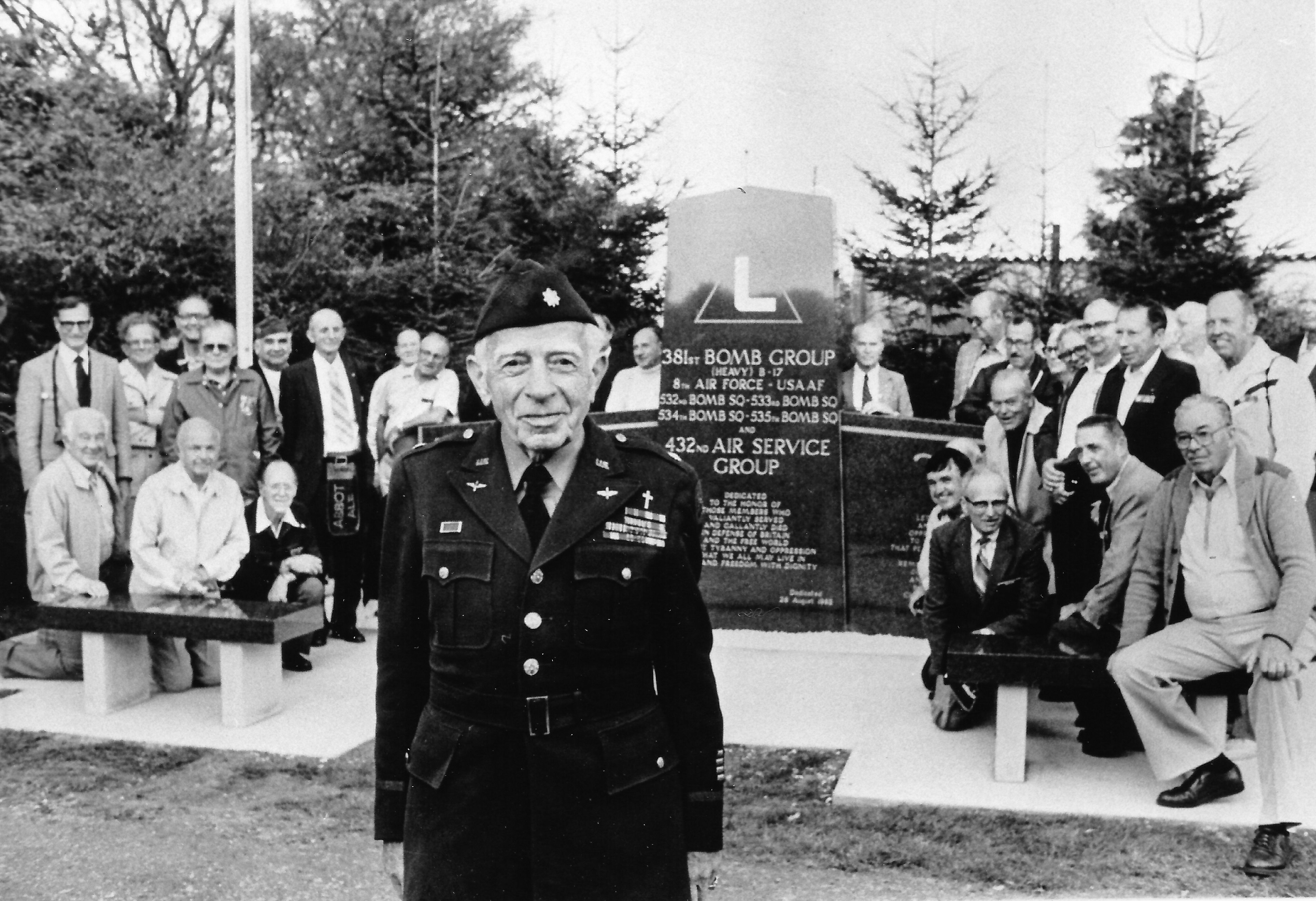 On August 28, 1982, scores of American veterans and their wives returned to Ridgewell to dedicate a memorial to the 381st Bomb Group. They were led by their former chaplain, James Good Brown, dressed in his ‘pinks and greens’. (Author’s collection)